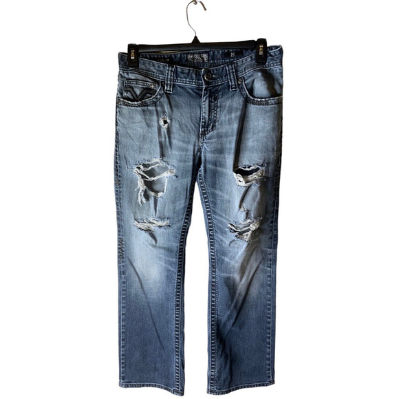 Affliction Cooper Buckle Denim Jeans 32R Distressed Dark Wash Stretch Blue - Picture 1 of 13